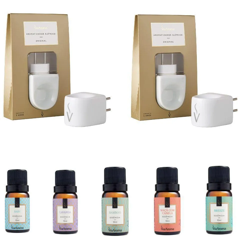 KIT 2 AROMATIZADORES ELÉTRICO PORCELANA VIA AROMA + 5 ESSÊNCIAS 10ML VIA AROMA