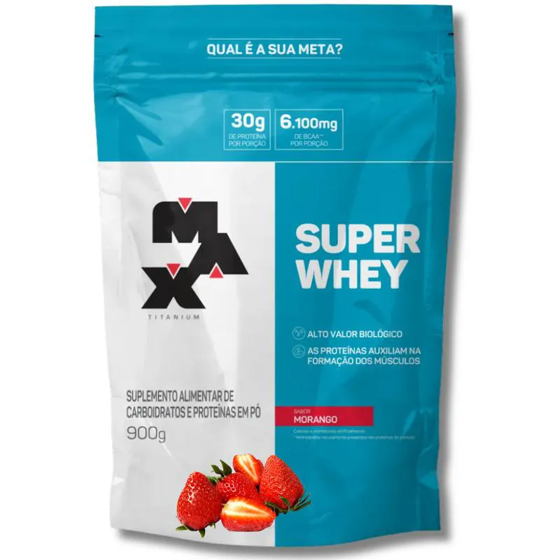 SUPER WHEY PROTEIN CONCENTRADO 900G MORANGO - MAX TITANIUM PROTEíNA CONCENTRADA