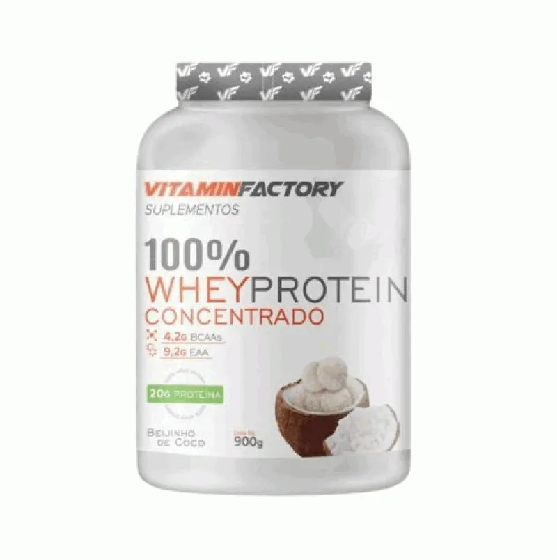 100% WHEY CONCENTRADO POTE (900G) - SABOR: BEIJINHO DE COCO