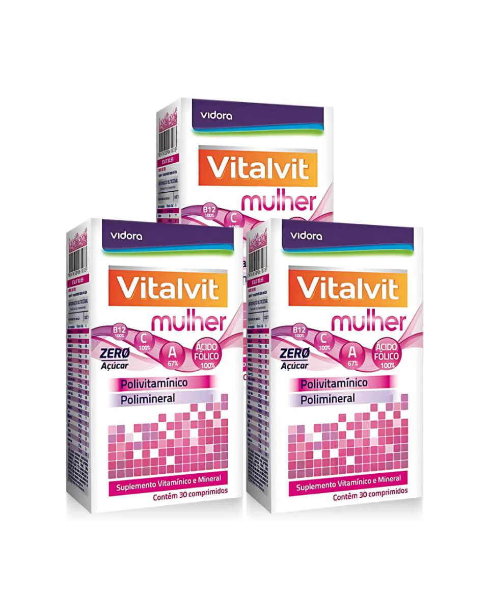 03UN POLIVITAMíNICO VITALVIT MULHER POLIMINERAL B12 ZERO AçúCAR C/30 CP VIDORA
