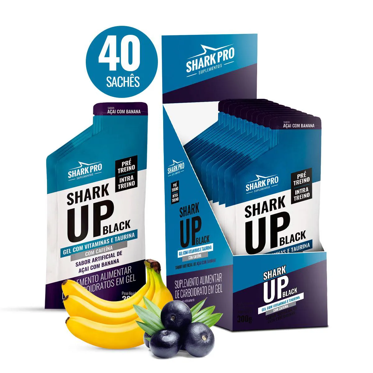SHARK PRO - SHARK UP BLACK GEL - 4 CAIXAS COM 10 SACHêS DE AçAí COM BANANA - 30G CADA