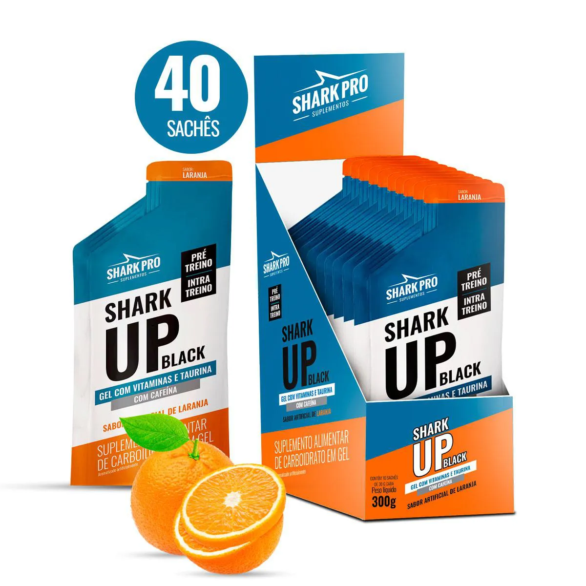 SHARK PRO - SHARK UP BLACK GEL - 4 CAIXAS COM 10 SACHêS DE LARANJA - 30G CADA