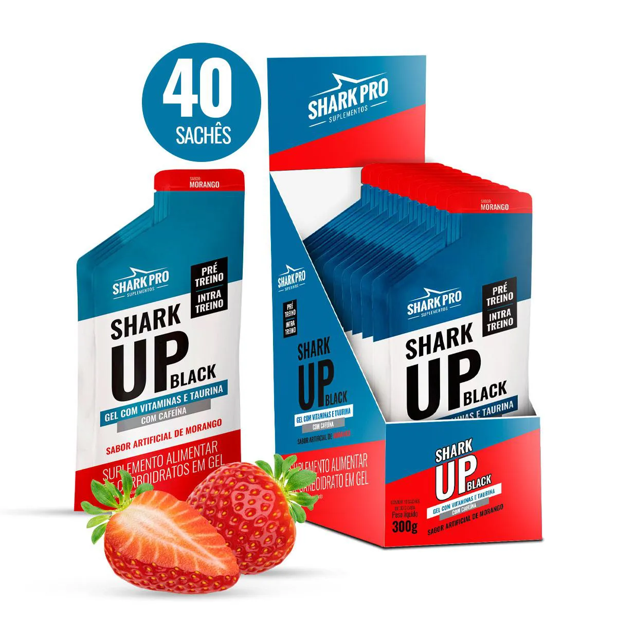 SHARK PRO - SHARK UP BLACK GEL - 4 CAIXAS COM 10 SACHêS DE MORANGO - 30G CADA