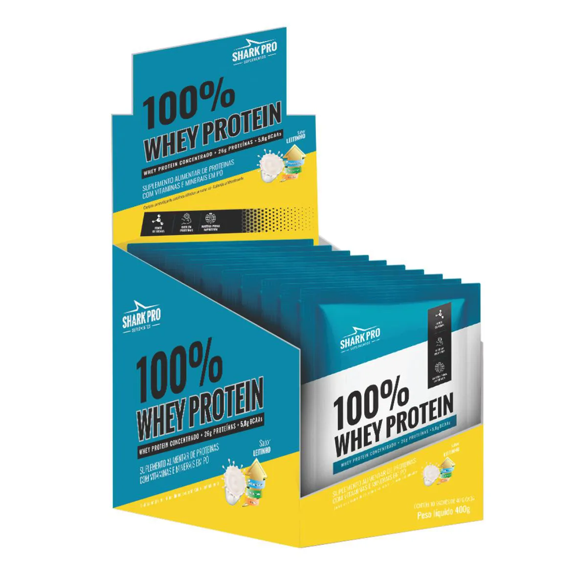 100% WHEY PROTEIN - WPC - WHEY PROTEIN POTE 40G SACHE SABOR  LEITINHO DISPLAY