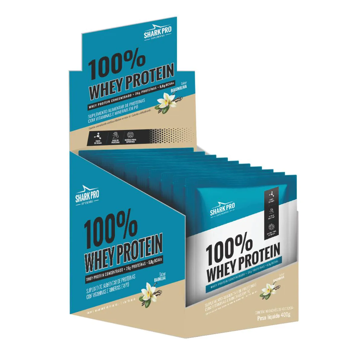 100% WHEY PROTEIN - WPC - WHEY PROTEIN POTE 40G SACHE SABOR BAUNILHA DISPLAY