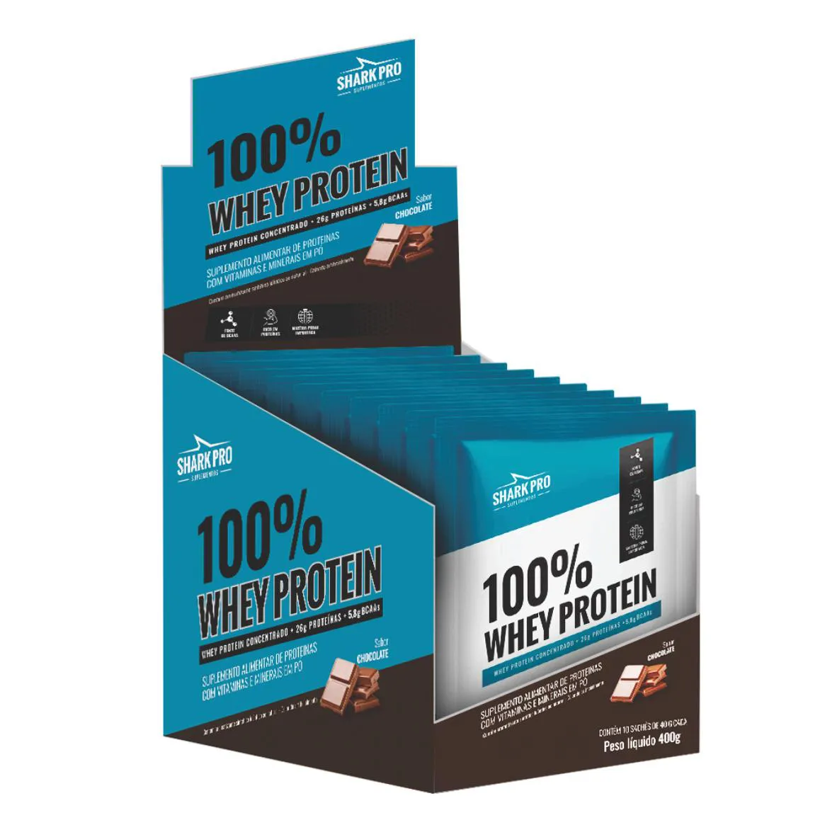 100% WHEY PROTEIN - WPC - WHEY PROTEIN POTE 40G SACHE SABOR CHOCOLATE DISPLAY