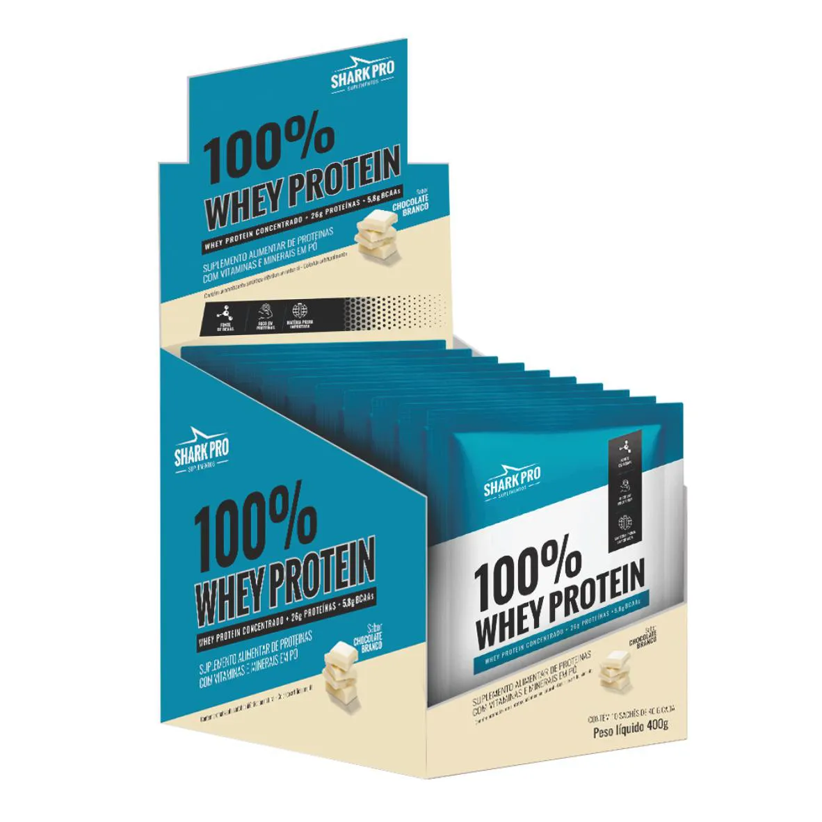 100% WHEY PROTEIN - WPC - WHEY PROTEIN POTE 40G SACHE SABOR CHOCOLATE BRANCO DISPLAY