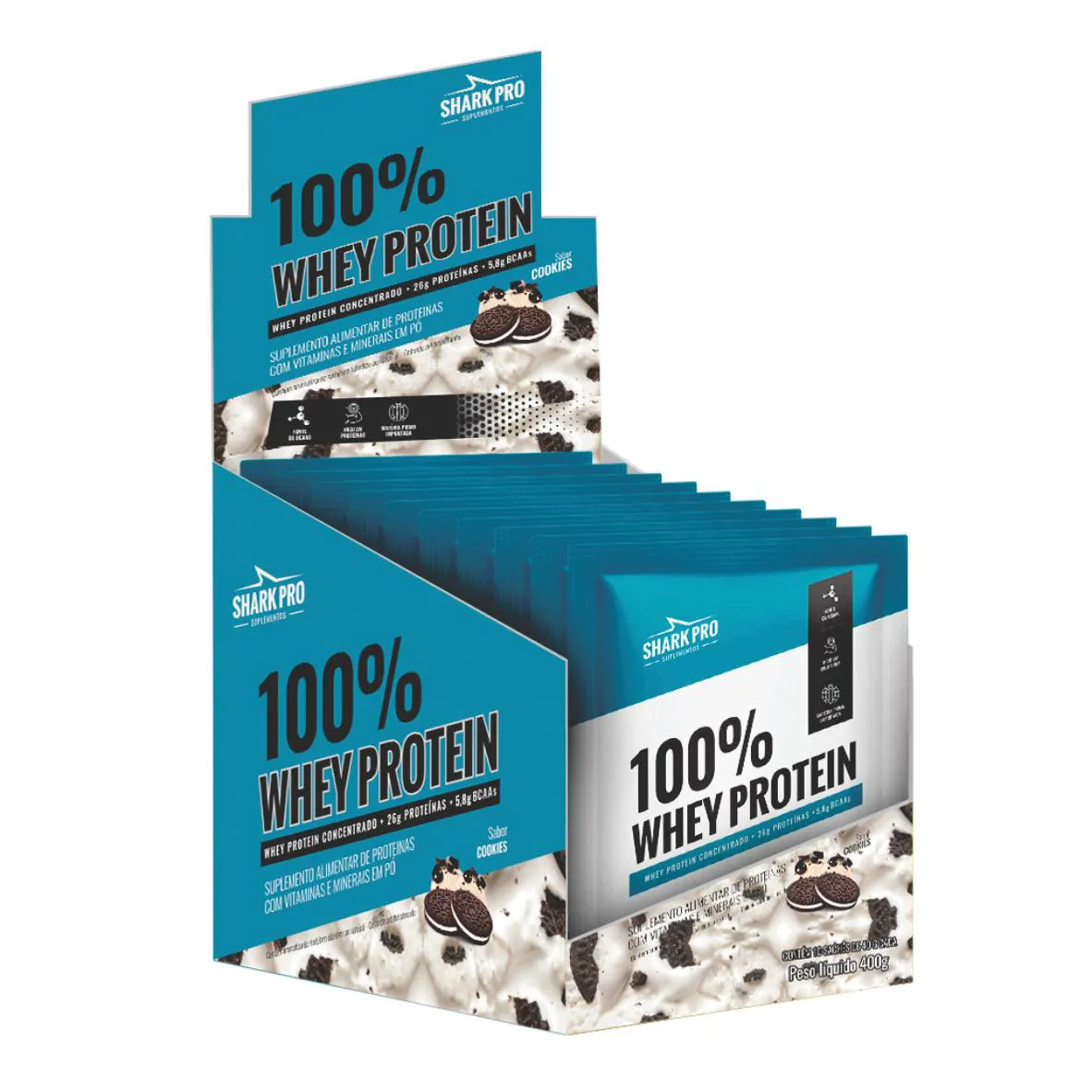 100% WHEY PROTEIN - WPC - WHEY PROTEIN POTE 40G SACHE SABOR COOKIES DISPLAY