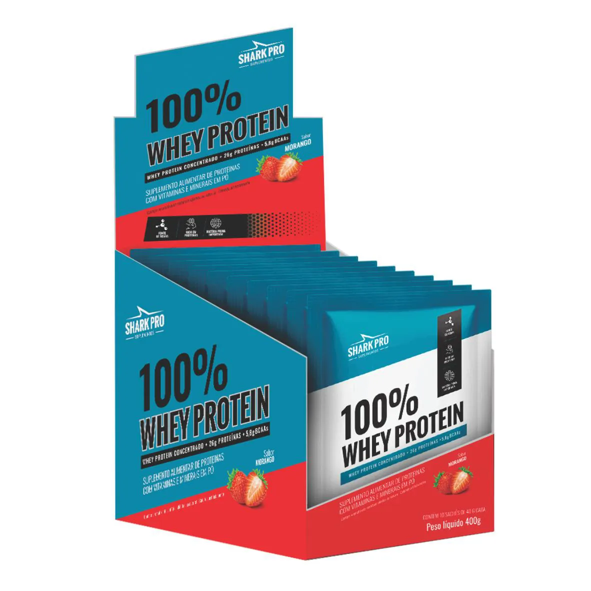 100% WHEY PROTEIN - WPC - WHEY PROTEIN POTE 40G SACHE SABOR MORANGO DISPLAY
