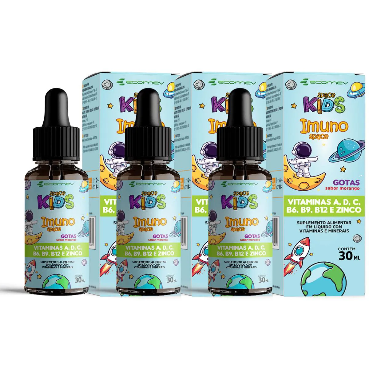 3X  MULTIVITAMINICO IMUNO KIDS VIT A D3 C B6 B9 B12 E ZINCO 30ML ECOMEV SABOR MORANGO