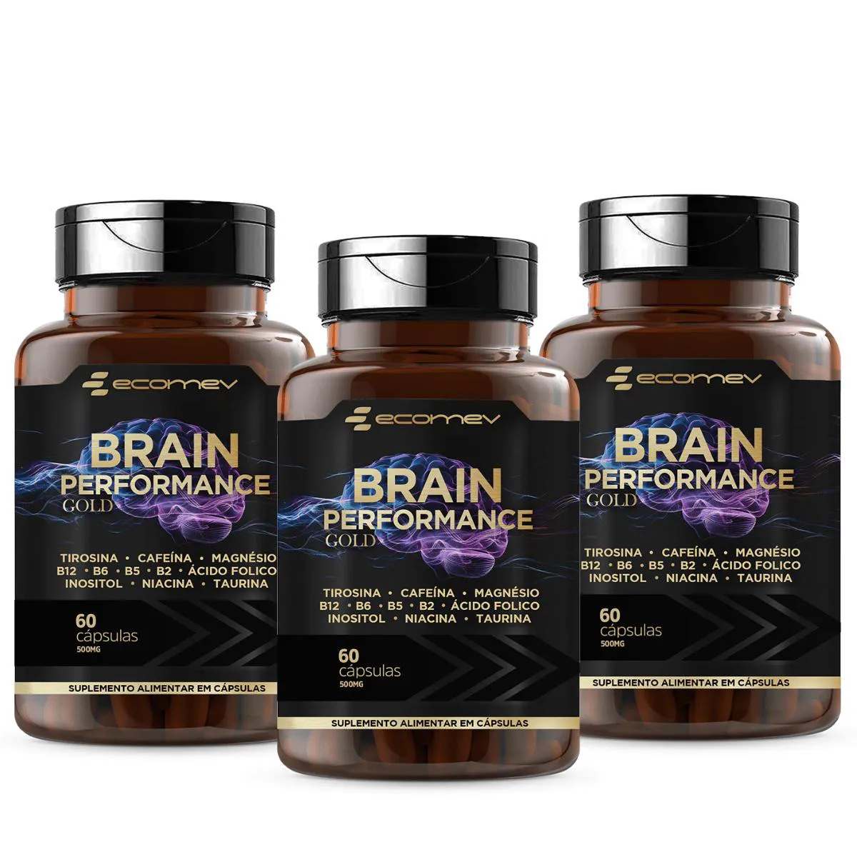 3X BRAIN PERFORMANCE MAGNESIO TIROSINA CAFEíNA TAURINA COMPLEXO B 500MG 60CáPS ECOMEV