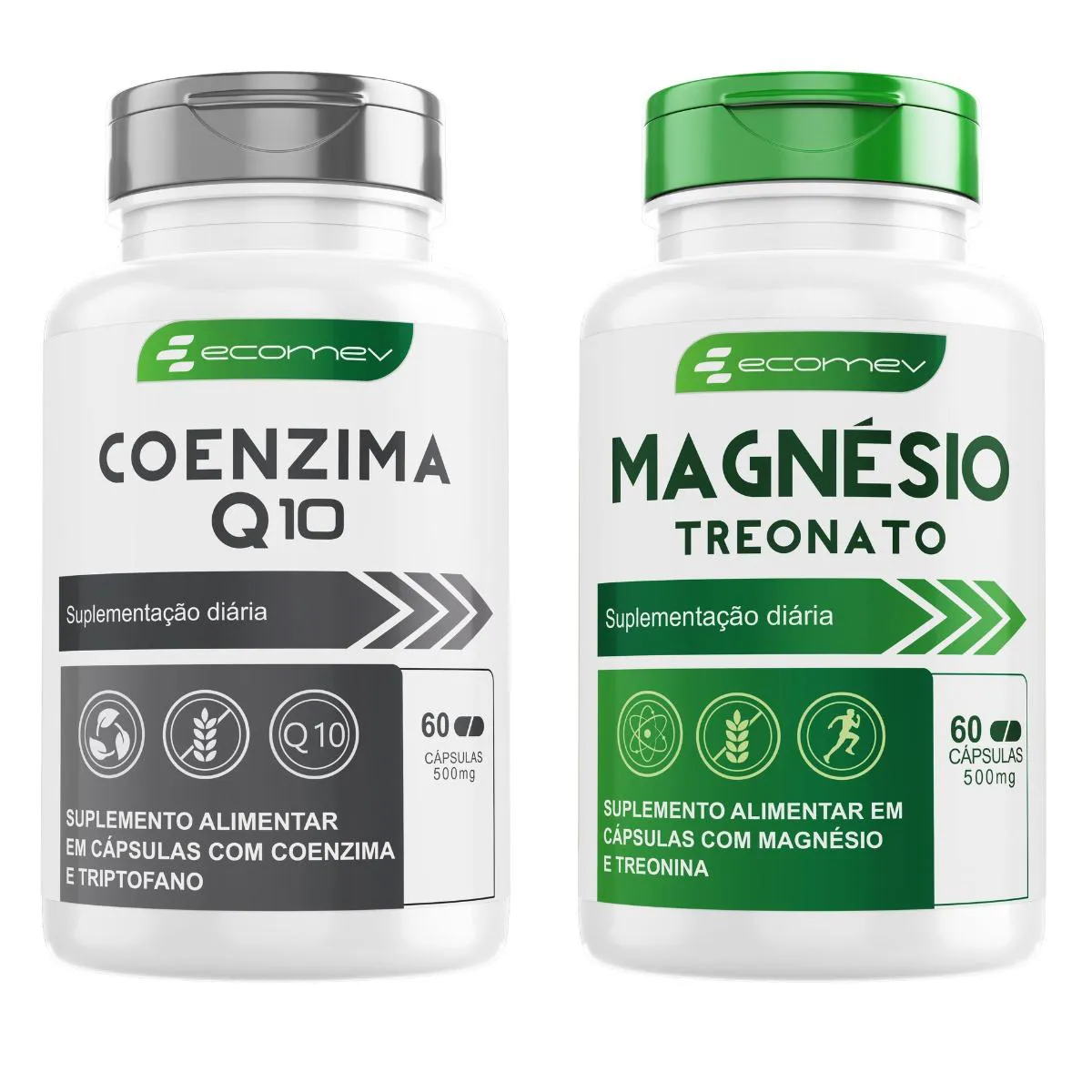 KIT MAGNESIO TREONATO 500MG + COENZIMA Q10 100MG COM L-TRIPTOFANO 60 CAPSULAS ECOMEV