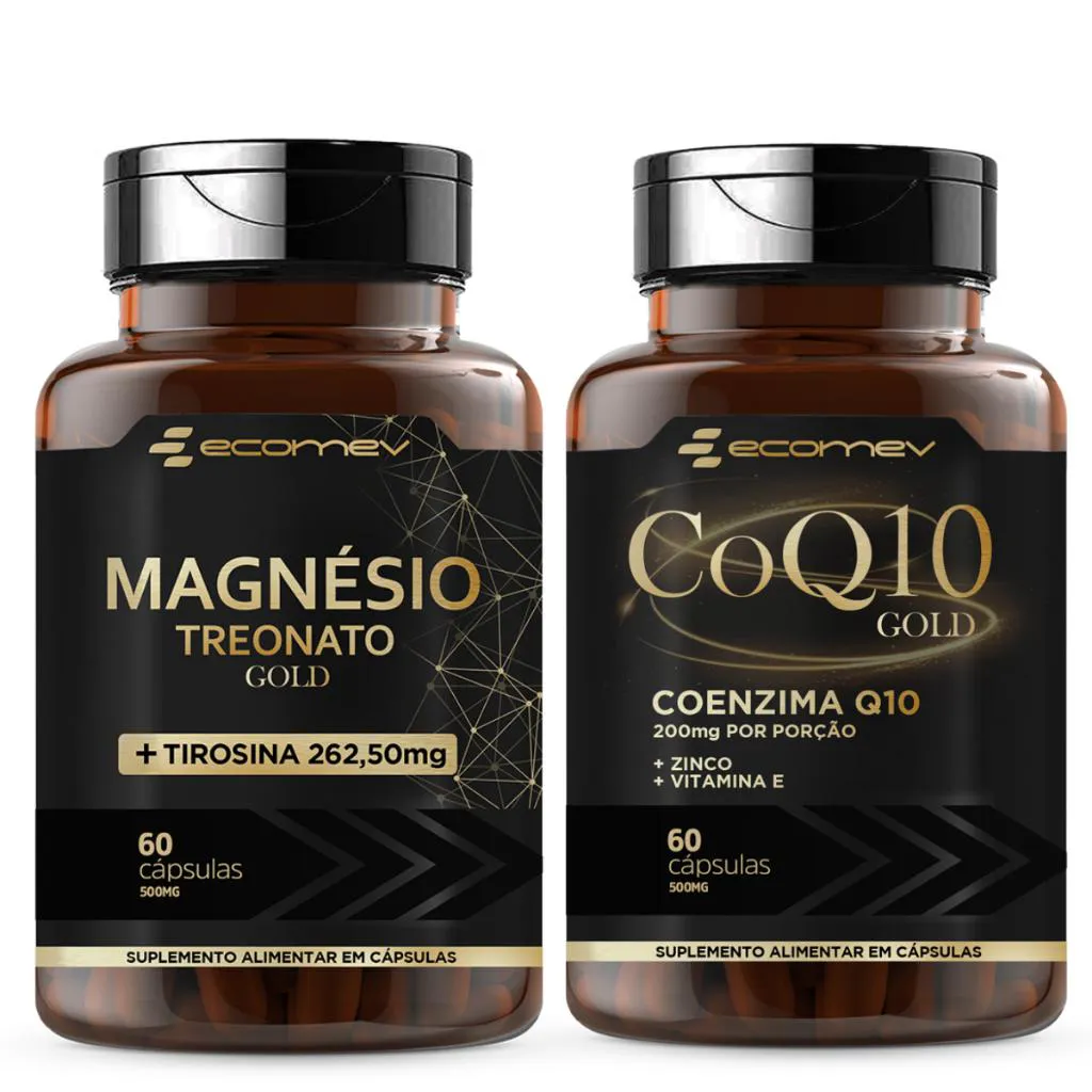 KIT MAGNESIO TREONATO COM L- TIROSINA 500MG + COENZIMA Q10 200MG COM VIT E E ZINCO 60 CAPSULAS - ECOMEV