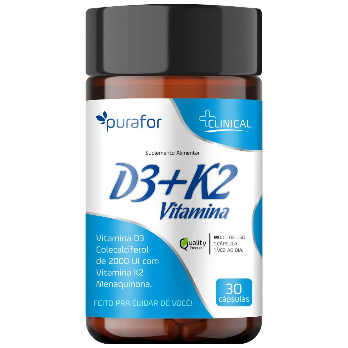 SUPLEMENTO VITAMíNICO D3 + K2 PURAFOR – 30 CáPSULAS Neutro