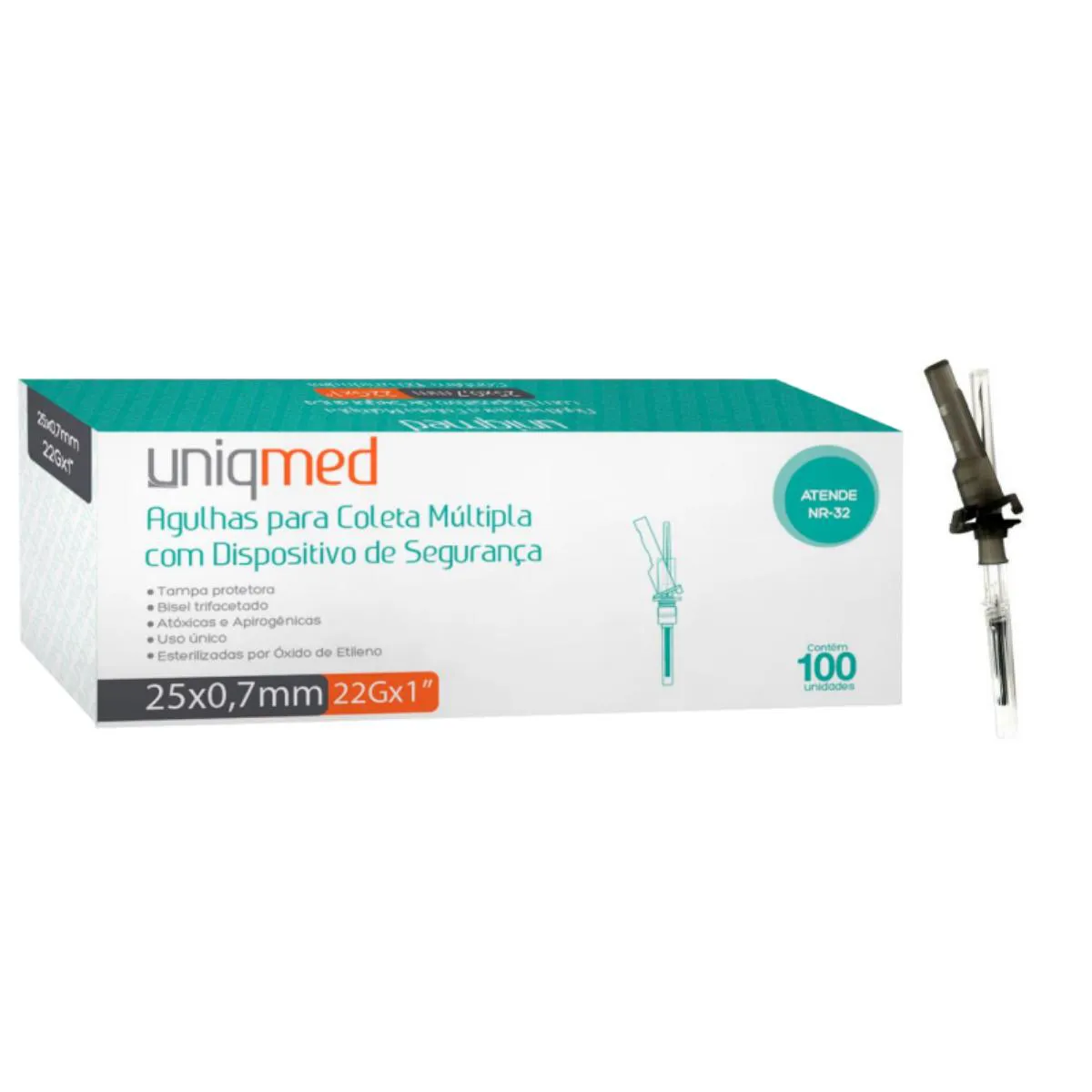 AGULHA COLETA MULTIPLA 25 X 07 MM 22G UNIQMED C/ DISPOSITIVO SEGURANçA