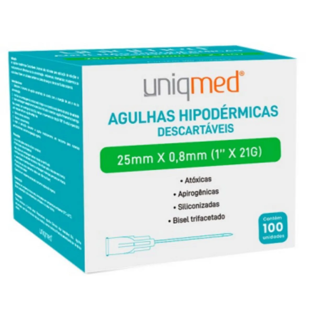 AGULHA HIPODéRMICA DESCARTáVEL 25MM X 0,8MM - UNIQMED 100 UN