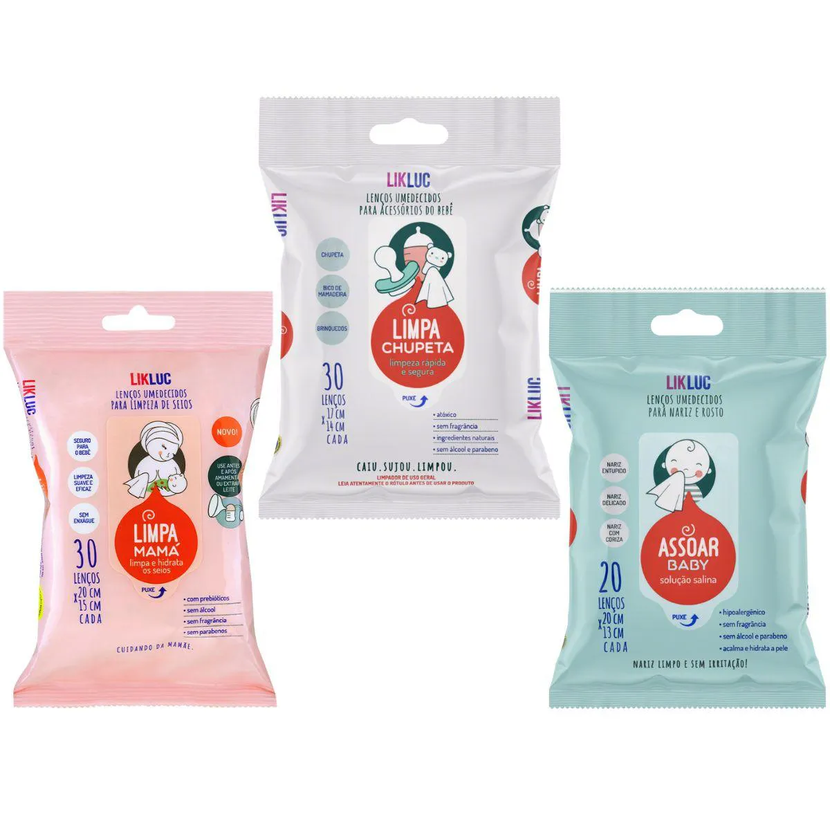 KIT DE LENÇOS UMEDECIDOS SEIOS, CHUPETA E NARIZ - LIKLUC