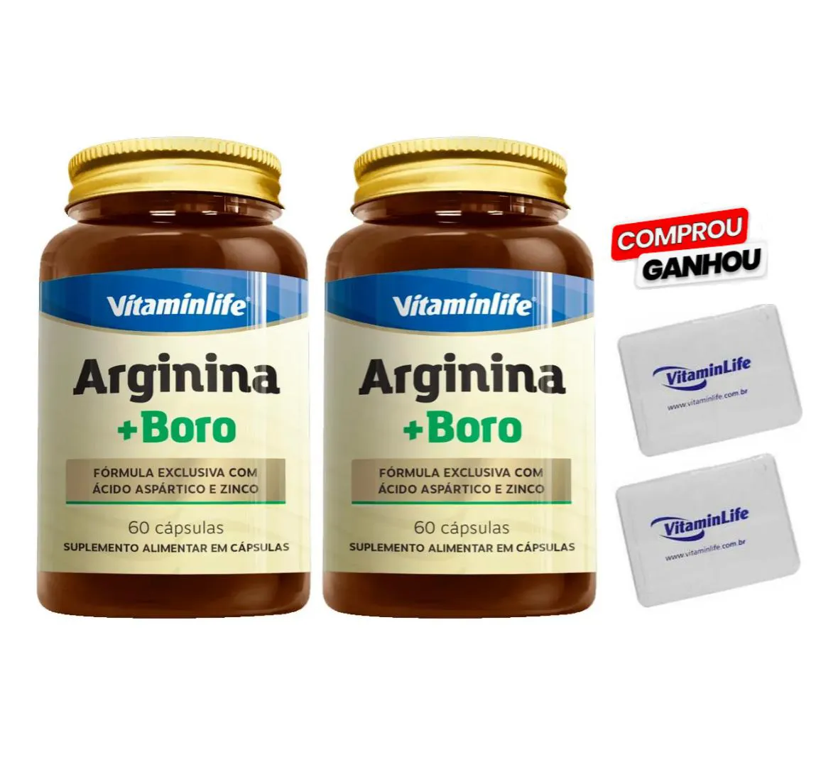 KIT 2X ARGININA + BORO 500MG (COM ÁCIDO ASPáRTICO E ZINCO) 60 CáPSULAS + BRINDE 2X PORTA CáPSULAS - VITAMINLIFE