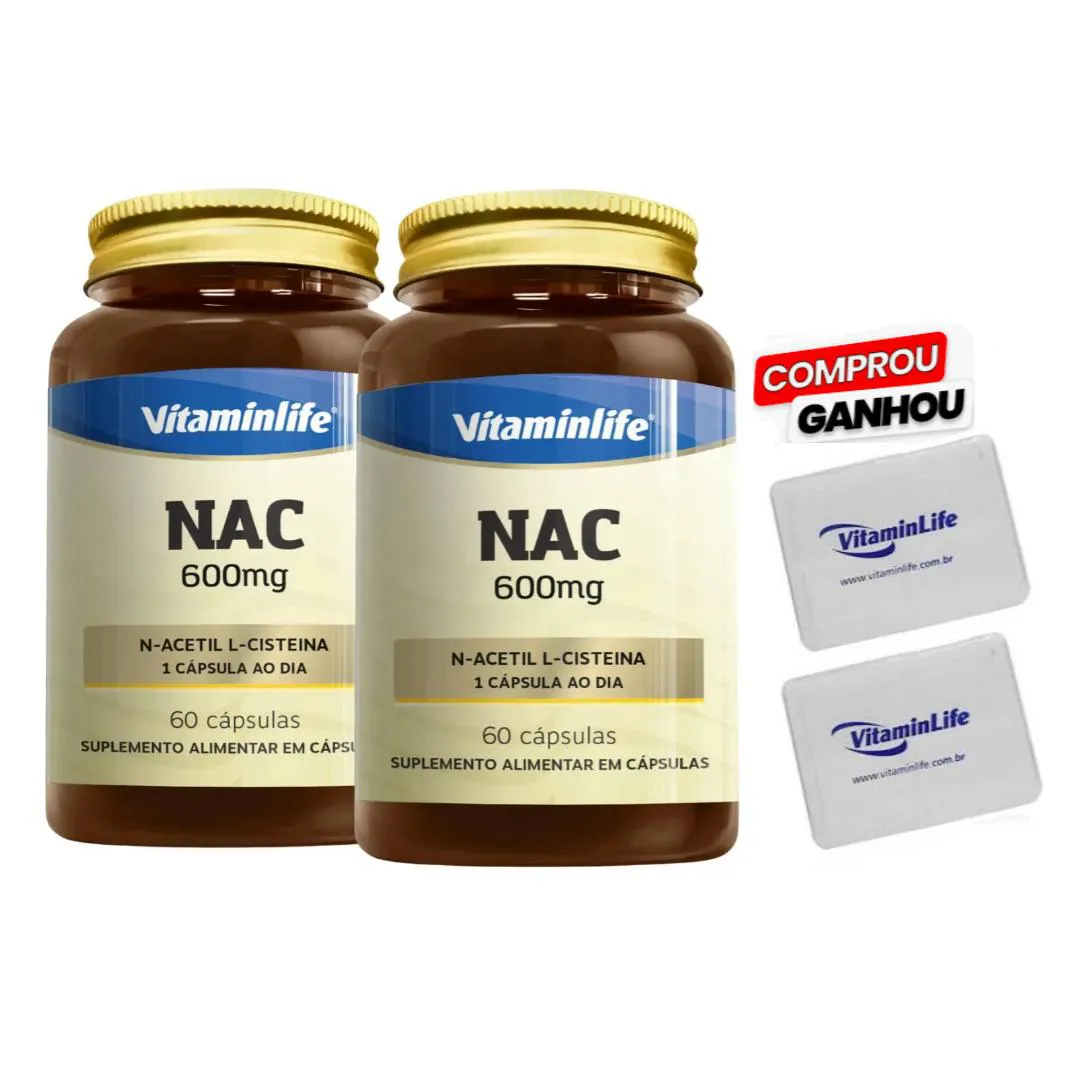 KIT 2X NAC ACETILCISTEINA (N-ACETIL + L-CISTEINA) 600MG 60 CáPSULAS + BRINDE 2X PORTA CáPSULAS VITAMINLIFE