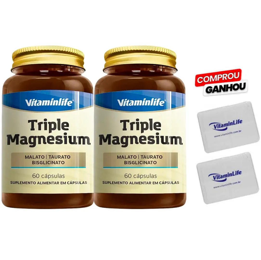 KIT 2X TRIPLE MAGNESIUM (MALATO + TAURATO + BISGLICINATO) - 60 CáPSULAS + BRINDE 2X PORTA CáPSULA - VITAMINLIFE