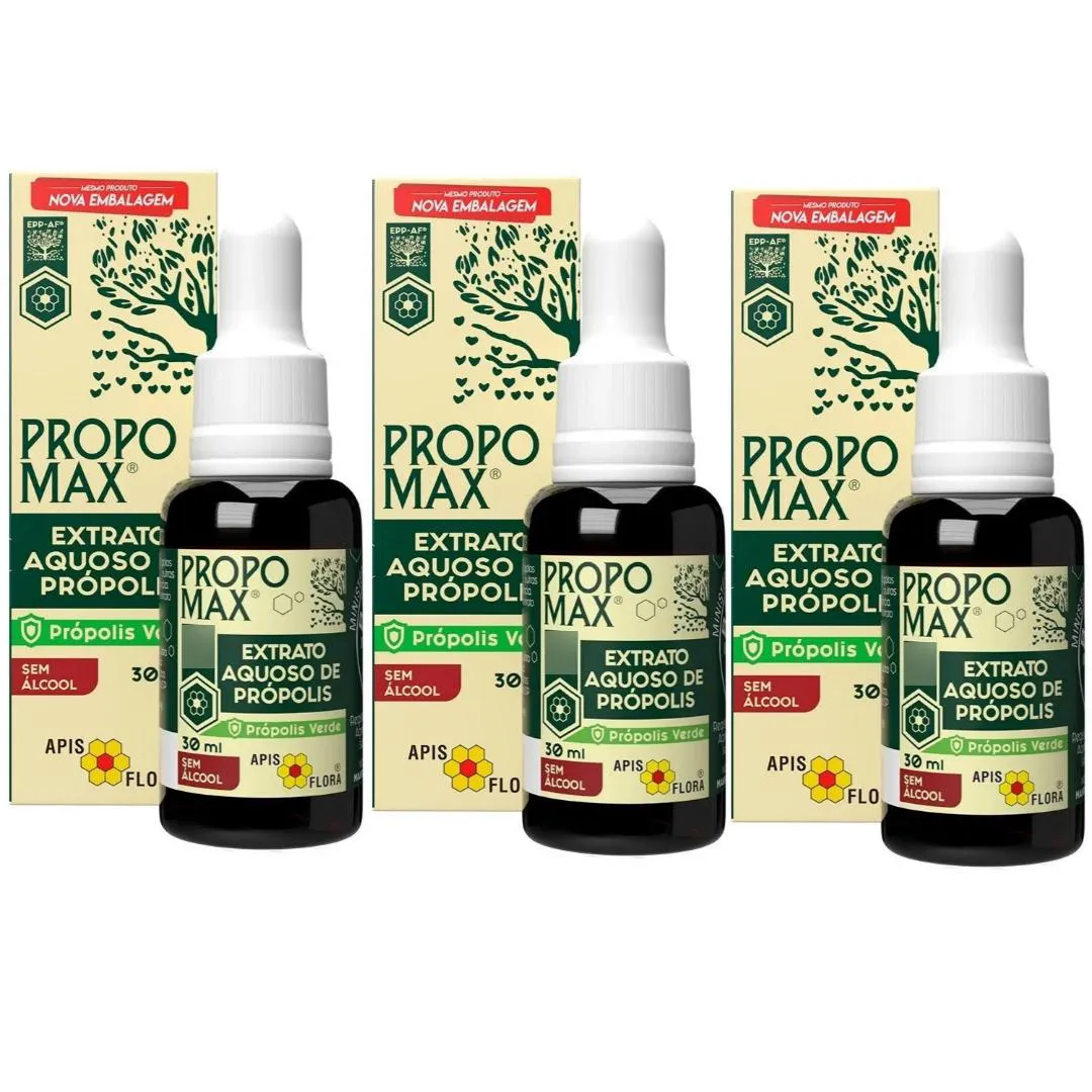 KIT 3X - EXTRATO DE PRóPOLIS SEM ÁLCOOL (AQUOSO) - 30ML - APIS FLORA - PROPOMAX®