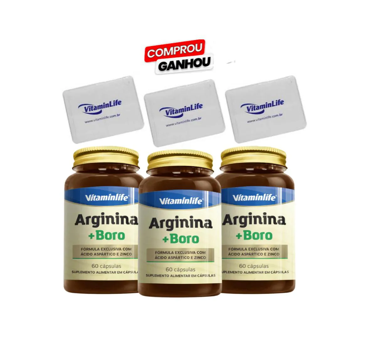 KIT 3X ARGININA + BORO 500MG (COM ÁCIDO ASPáRTICO E ZINCO) 60 CáPSULAS + BRINDE 3X PORTA CáPSULAS - VITAMINLIFE