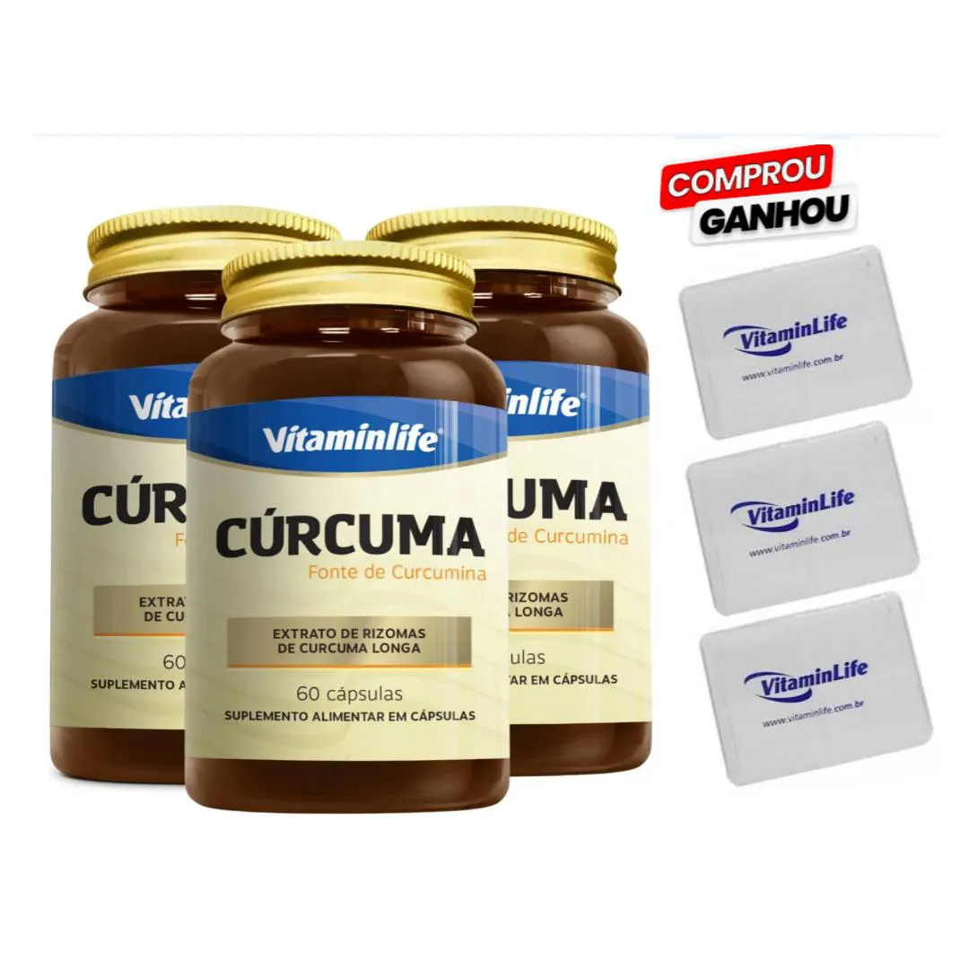 KIT 3X CURCUMA 100% PURA AçAFRãO DA TERRA 60 CáPSULAS + BRINDE 3X PORTA CáPSULA - VITAMINLIFE