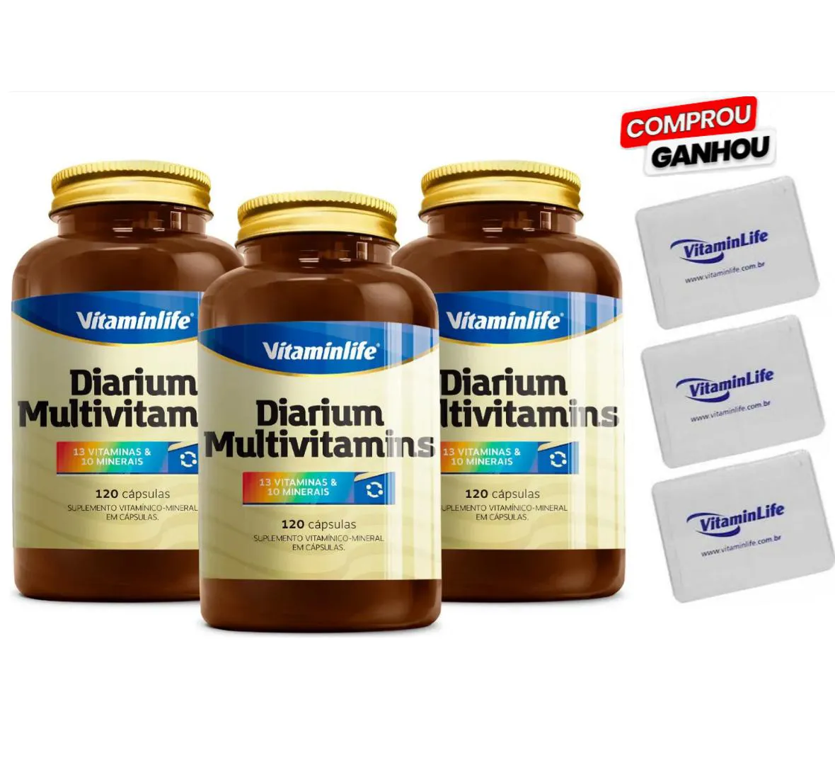 KIT 3X MULTIVITAMíNICO DIARIUM MULTIVITAMINS 120 CáPSULAS + BRINDE 3X PORTA CáPSULAS - VITAMINLIFE