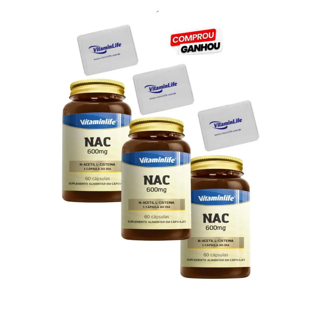 KIT 3X NAC ACETILCISTEINA (N-ACETIL + L-CISTEINA) 600MG 60 CáPSULAS + BRINDE 3X PORTA CáPSULAS VITAMINLIFE