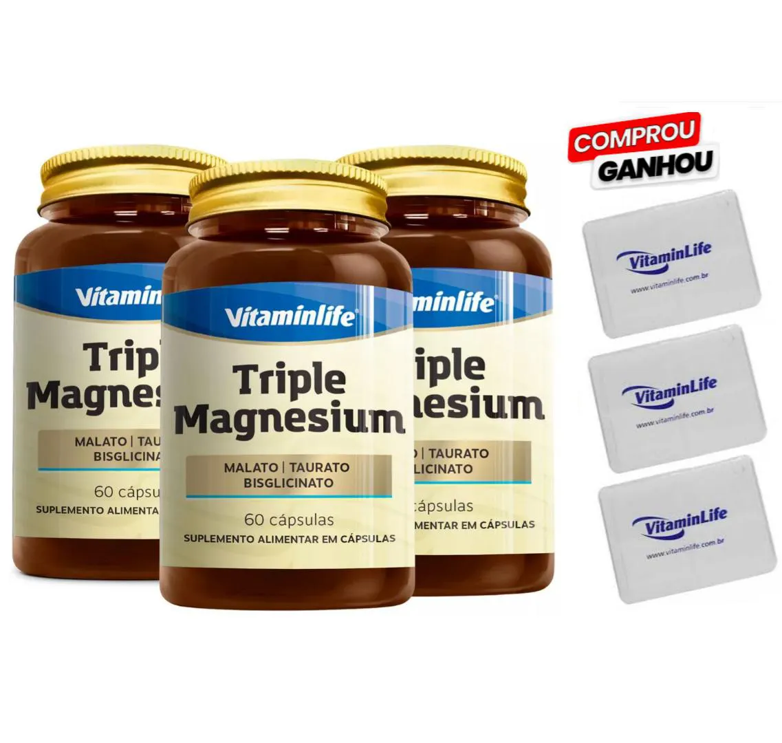 KIT 3X TRIPLE MAGNESIUM (MALATO + TAURATO + BISGLICINATO) - 60 CáPSULAS + BRINDE 3X PORTA CáPS - VITAMINLIFE