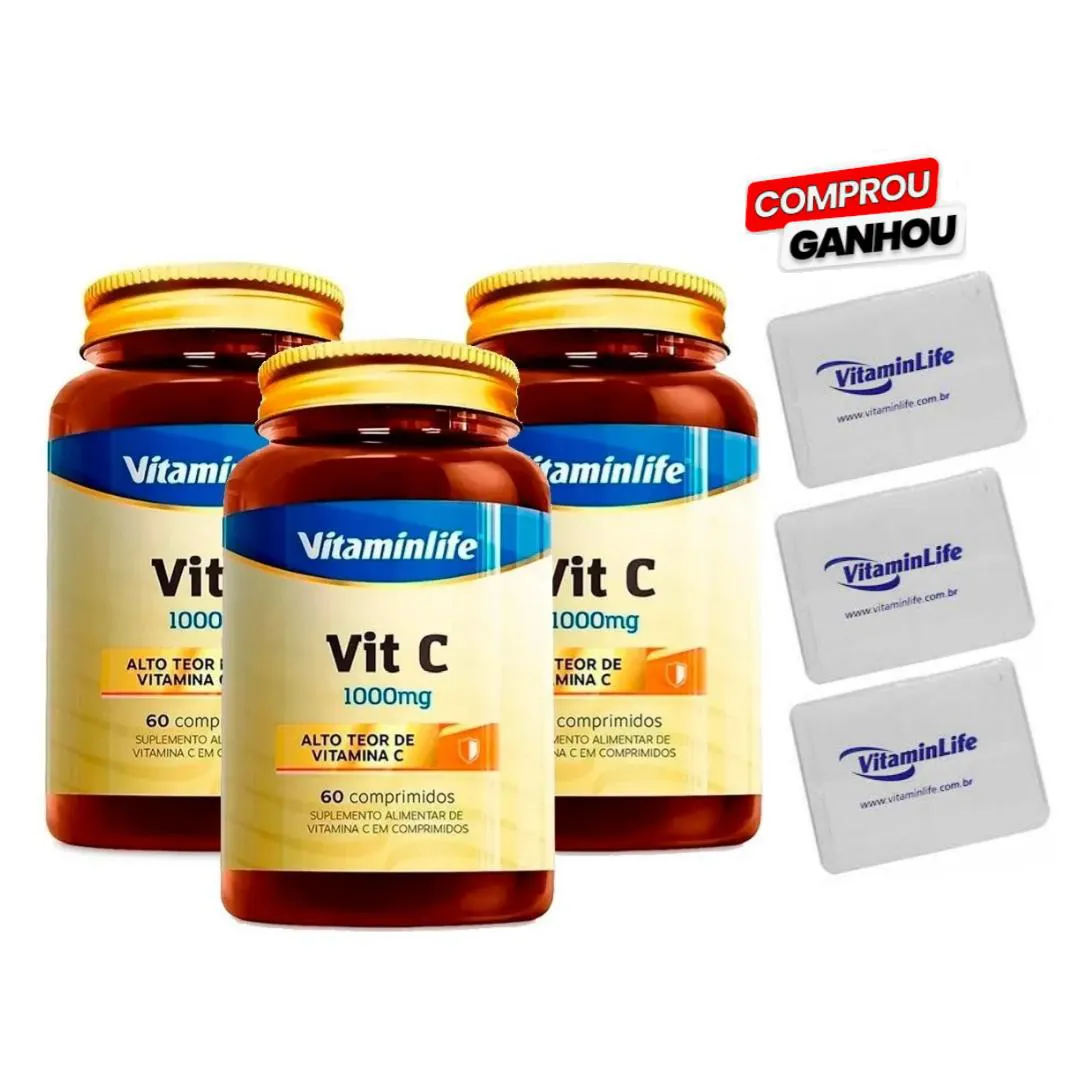 KIT 3X VITAMINA C 1000MG 60 CáPSULAS + BRINDE 3X PORTA CáPSULAS - VITAMINLIFE ANTIOXIDANTE