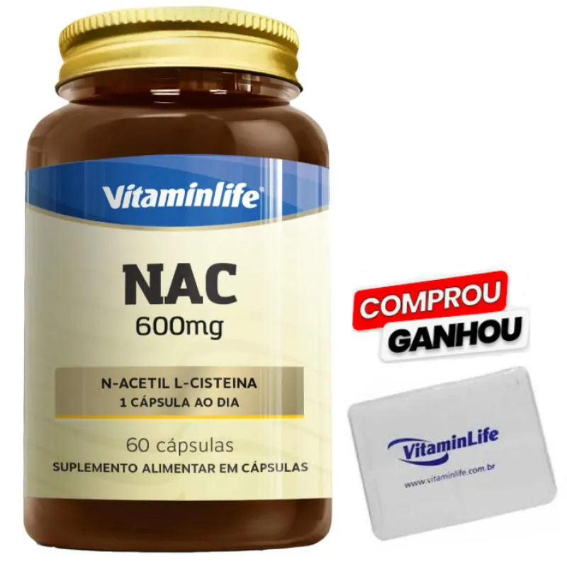 NAC ACETILCISTEINA (N-ACETIL + L-CISTEINA) 600MG 60 CáPSULAS + BRINDE 1X PORTA CáPSULAS VITAMINLIFE