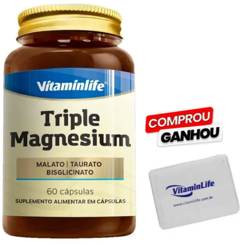 TRIPLE MAGNESIUM MAGNéSIO MALATO + TAURATO + BISGLICINATO - 60 CáPSULAS + BRINDE 1X PORTA CáPS - VITAMINLIFE