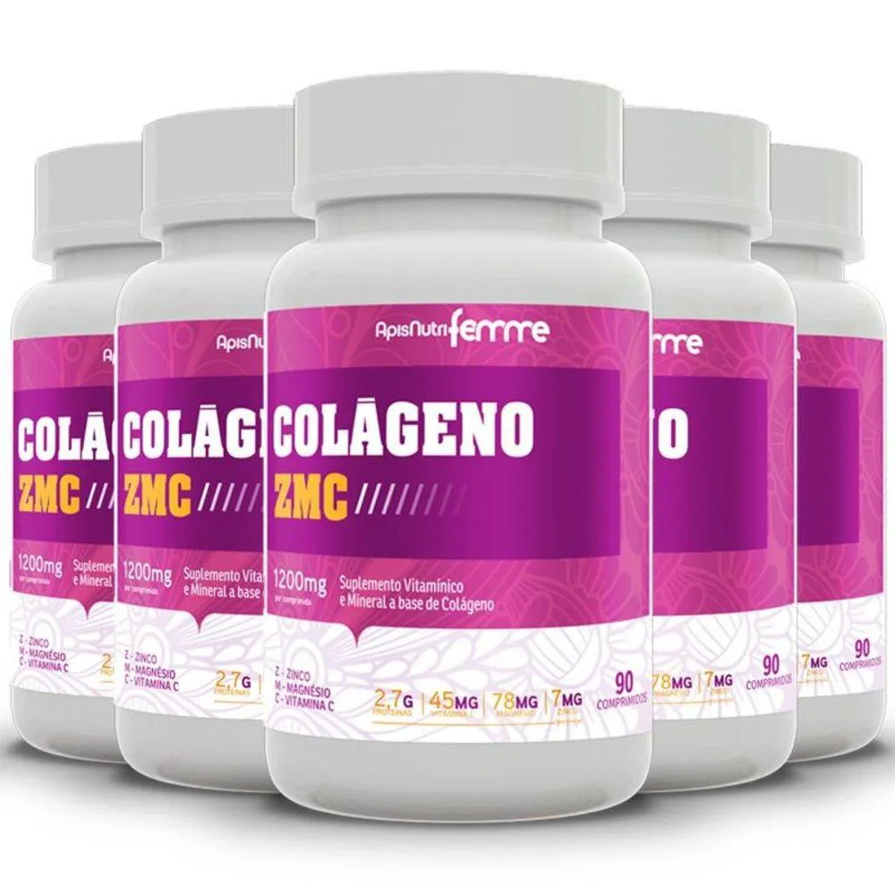 KIT 5 COLáGENO ZMC APISNUTRI FEMME 1200MG 90 COMPRIMIDOS