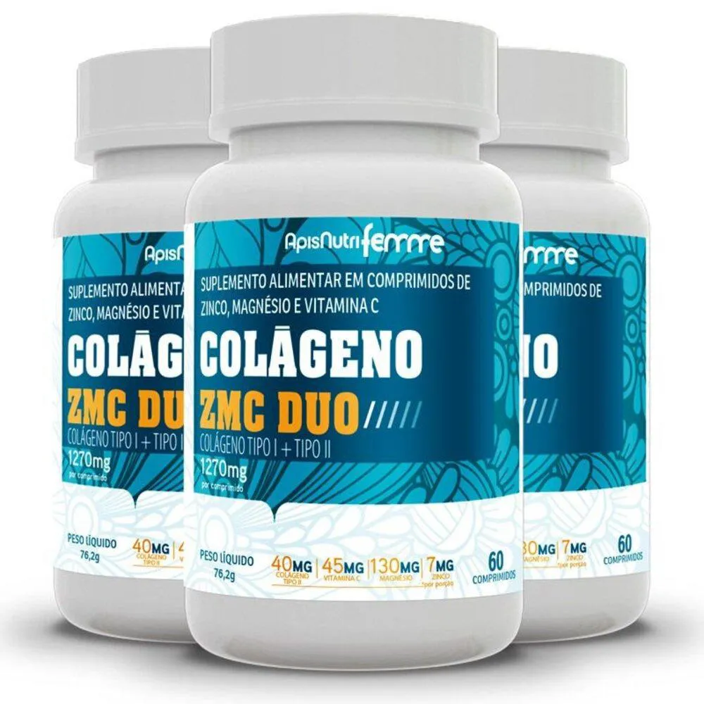 KIT 3 COLáGENO ZMC DUO TIPO 1 E 2 APISNUTRI 60 CáPSULAS