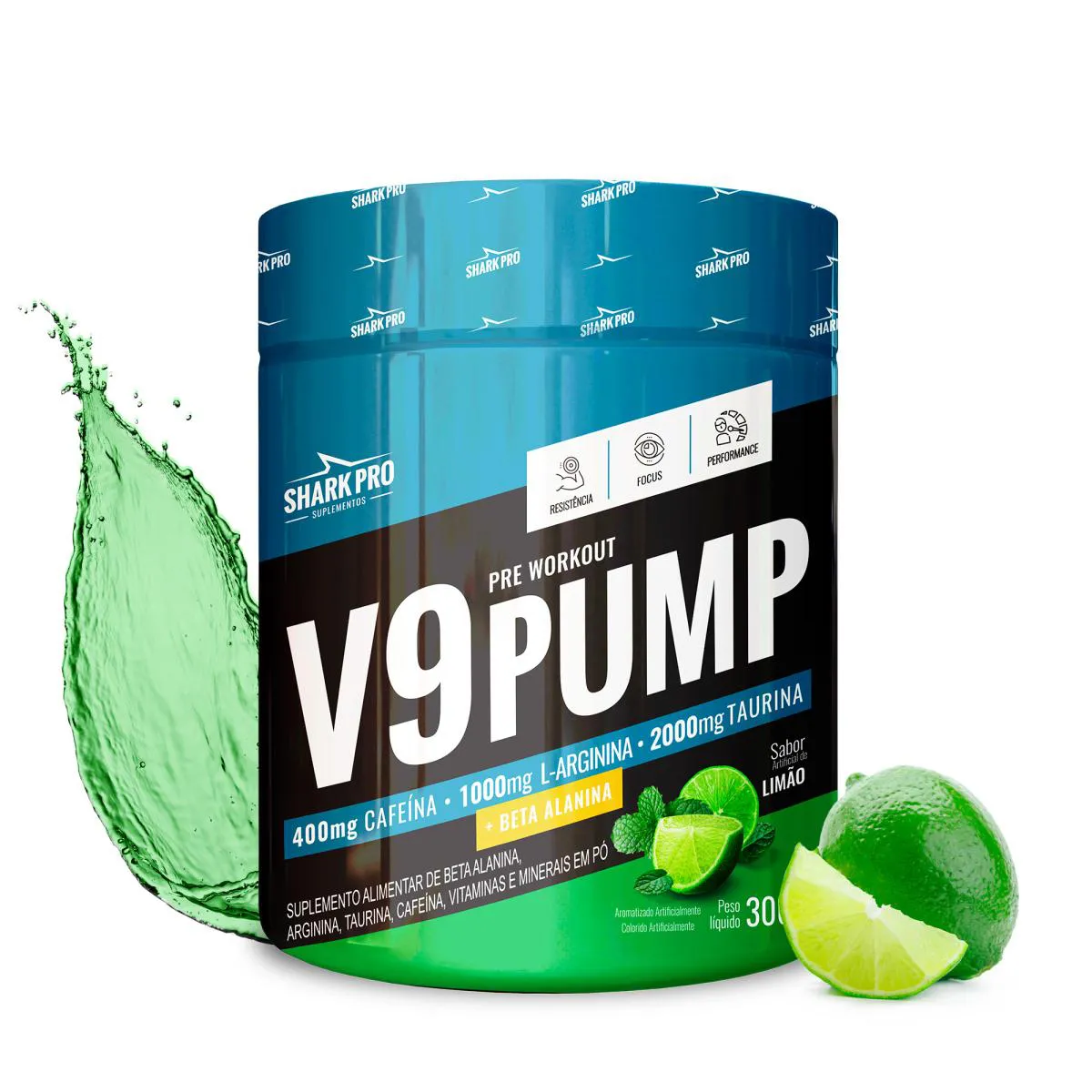SHARK PRO -  V9 PUMP PRé-TREINO - 400MG DE CAFEíNA -  300G - LIMãO