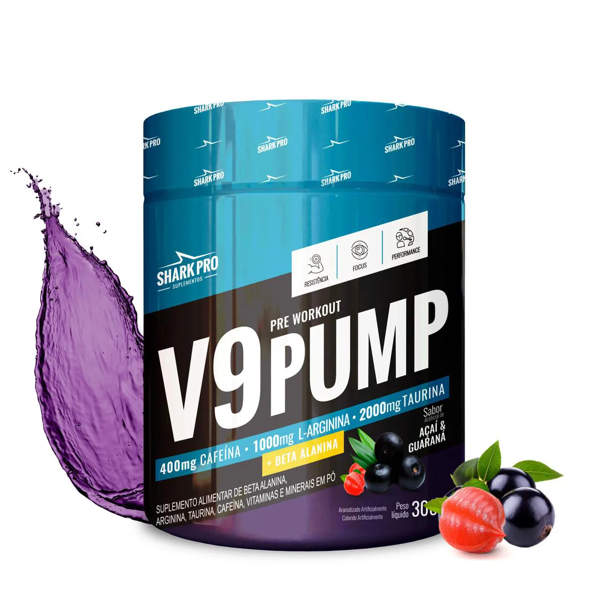 SHARK PRO -  V9 PUMP PRé-TREINO - 400MG DE CAFEíNA - 300G - AçAí E GUARANá