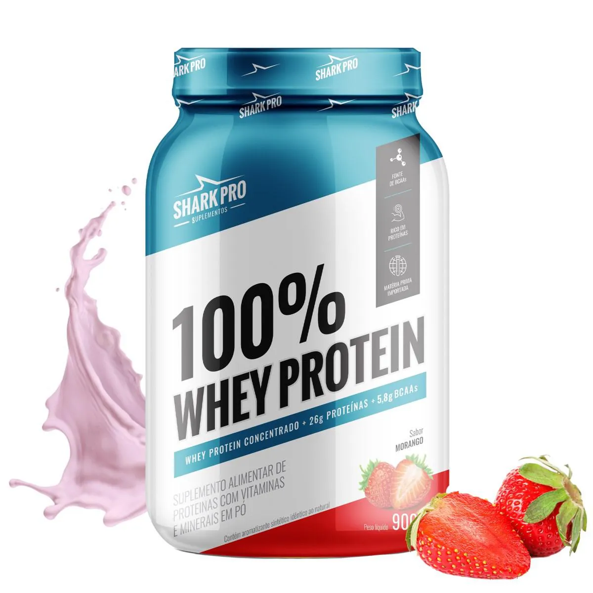 SHARK PRO - 100% WHEY PROTEIN - WPC - POTE 900G DE PROTEíNA - MORANGO
