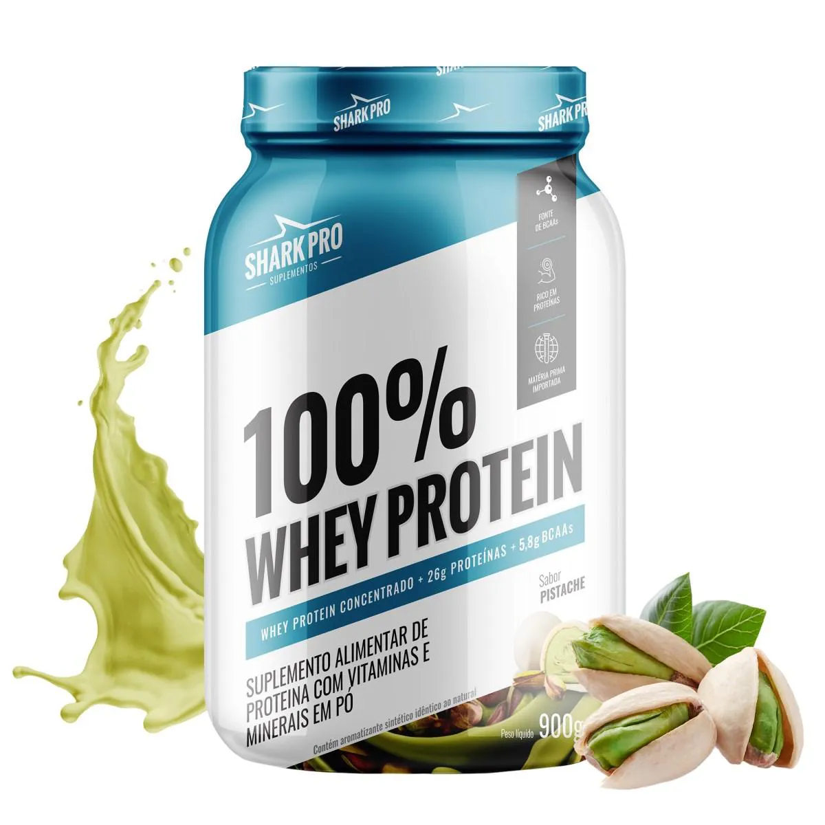 SHARK PRO - 100% WHEY PROTEIN WPC - POTE 900G DE PROTEíNA + BCAAS - RECUPERAçãO MUSCULAR - PISTACHE