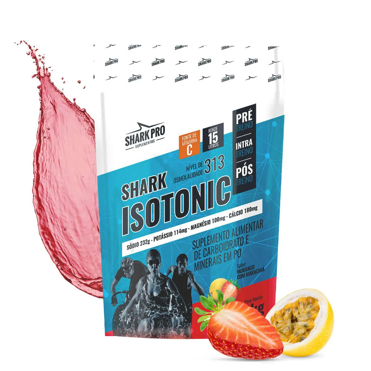 SHARK PRO - ISOTôNICO - POTE 1KG DE HIDRATAçãO + ENERGIA E RECUPERAçãO - MORANGO COM MARACUJá