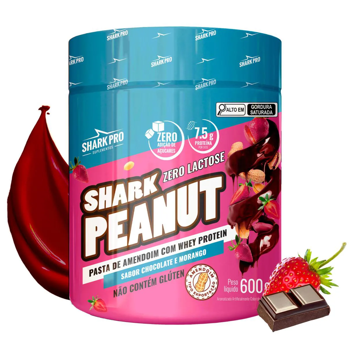SHARK PRO - PASTA DE AMENDOIM GOURMET COM WHEY PROTEIN - POTE 600G - CHOCOLATE COM MORANGO