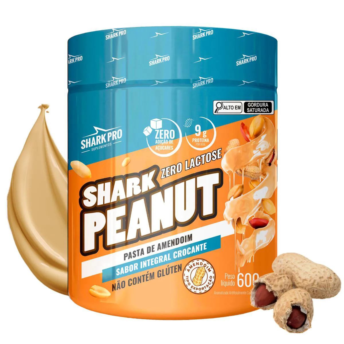 SHARK PRO - PASTA DE AMENDOIM GOURMET COM WHEY PROTEIN - POTE 600G - INTEGRAL CROCANTE