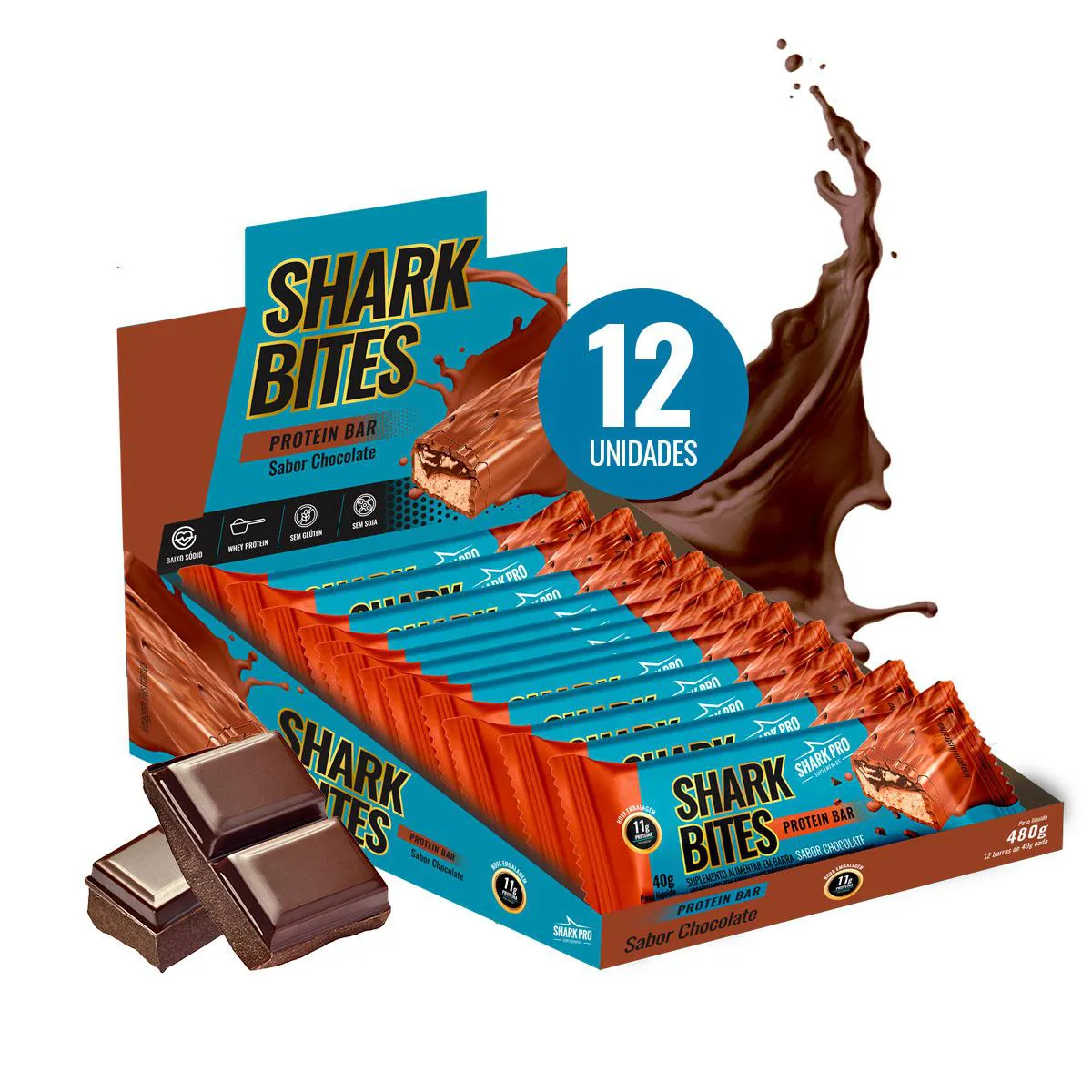 SHARK PRO - SHARK BITES - DISPLAY COM 12 BARRAS DE CHOCOLATE - PROTEíNA SEM AçúCAR - 40G CADA
