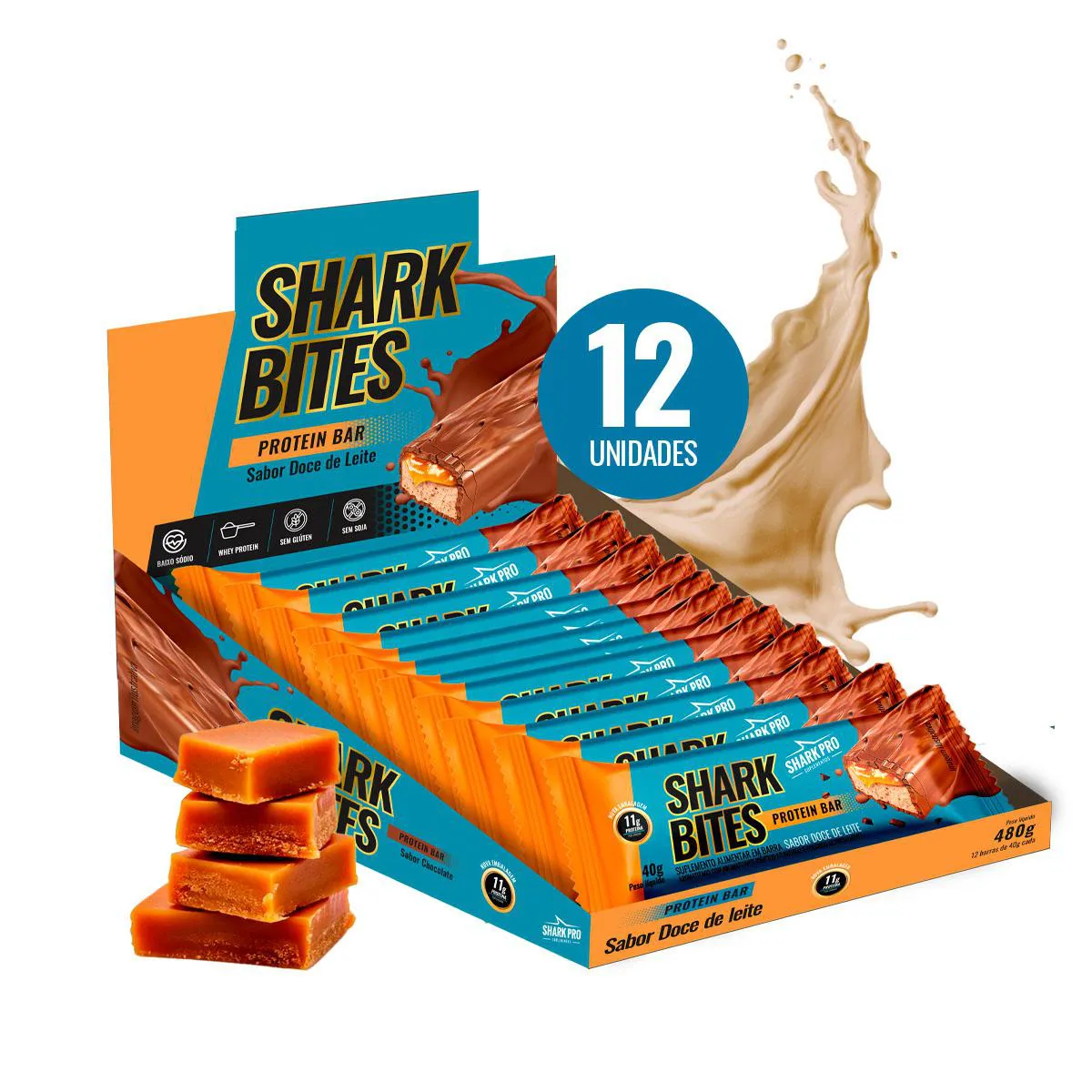 SHARK PRO - SHARK BITES - DISPLAY COM 12 BARRAS DE DOCE DE LEITE - PROTEíNA SEM AçúCAR - 40G CADA