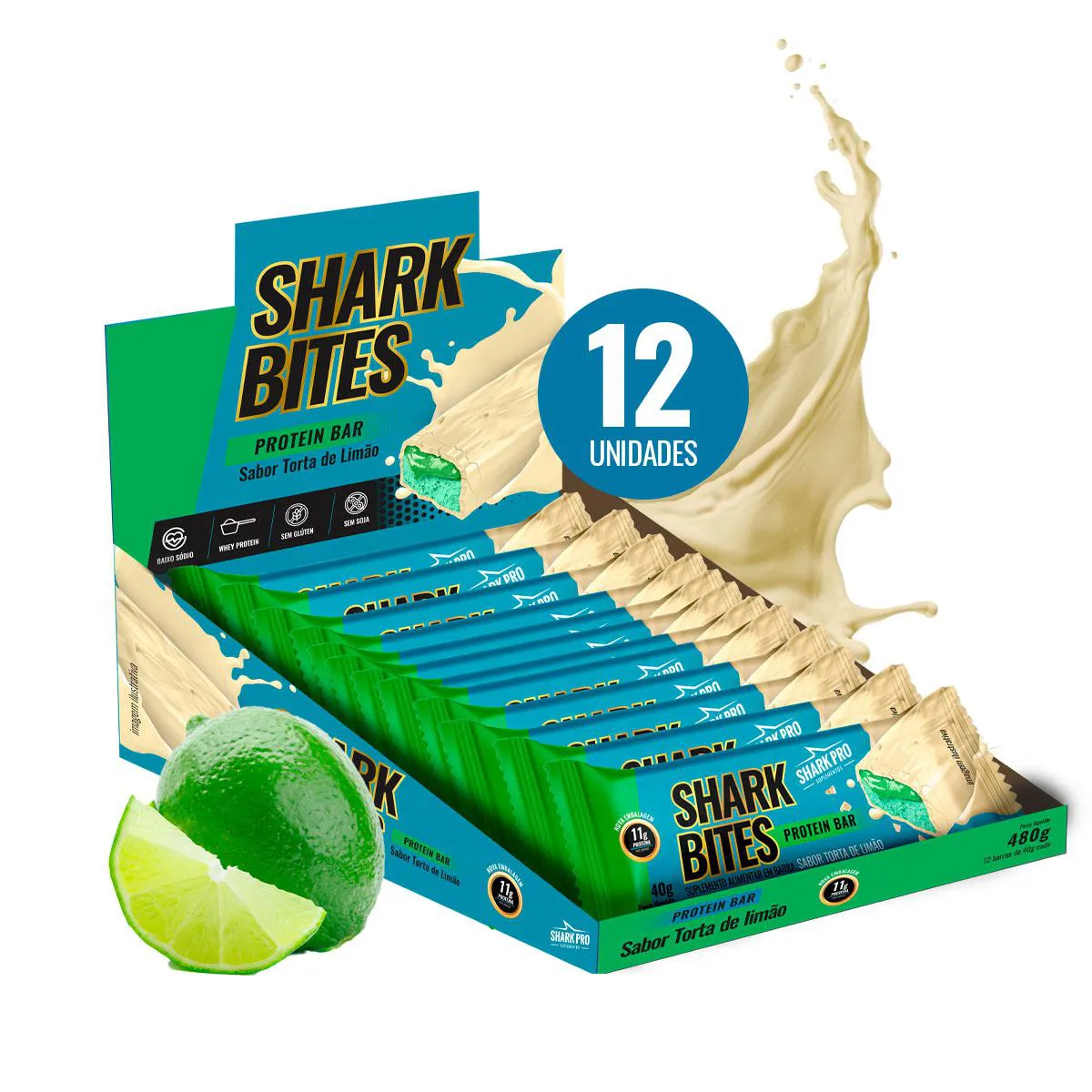 SHARK PRO - SHARK BITES - DISPLAY COM 12 BARRAS DE TORTA DE LIMãO - PROTEíNA SEM AçúCAR - 40G CADA