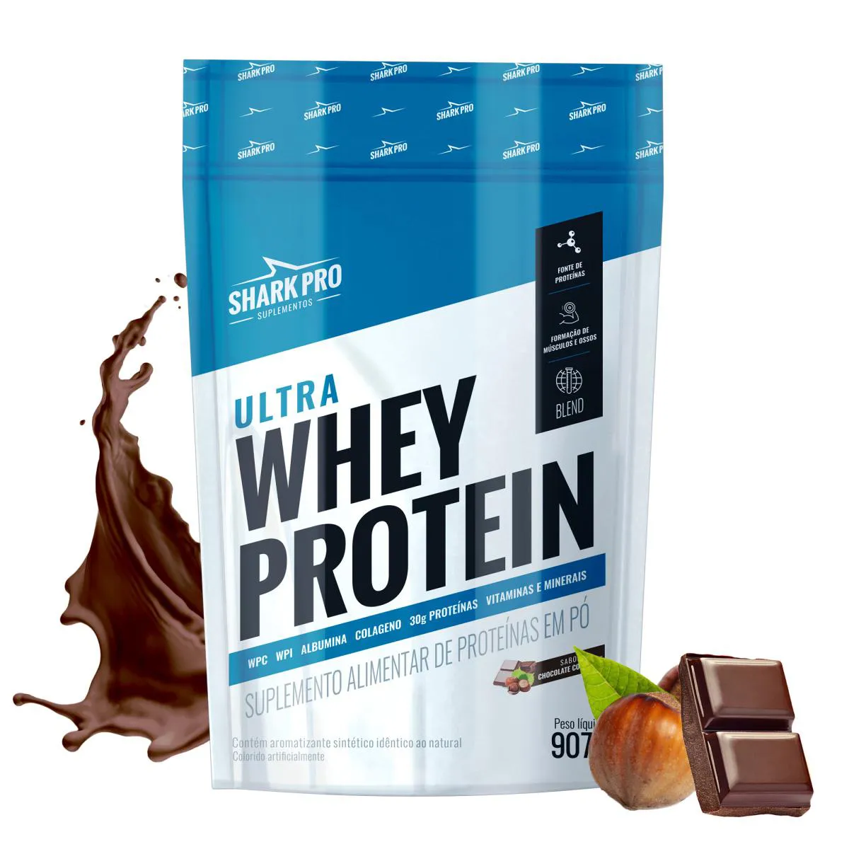SHARK PRO - ULTRA WHEY PROTEIN - WPC E WPI -  907G POUCH - CHOCOLATE COM AVELã