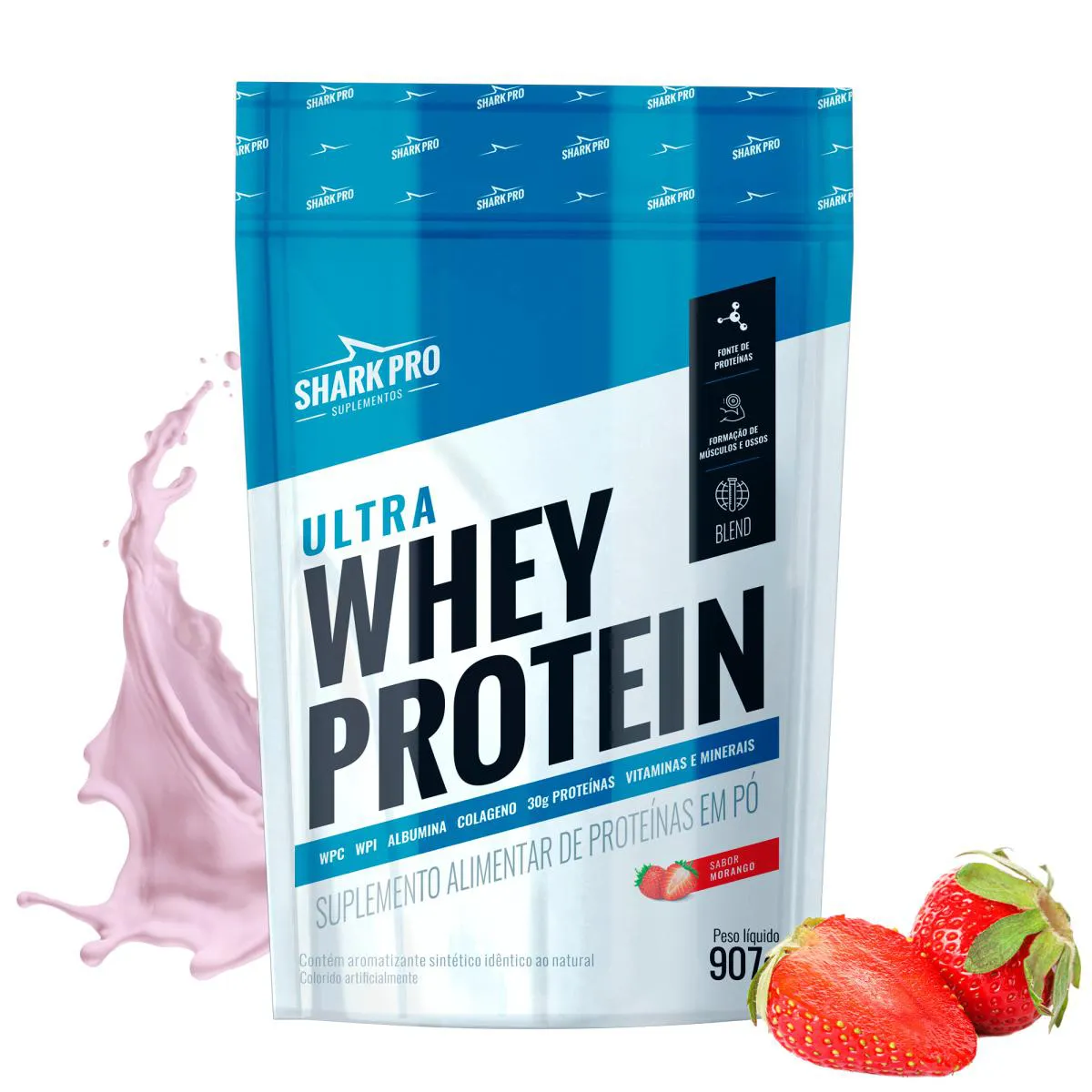 SHARK PRO - ULTRA WHEY PROTEIN - WPC E WPI -  907G POUCH - MORANGO