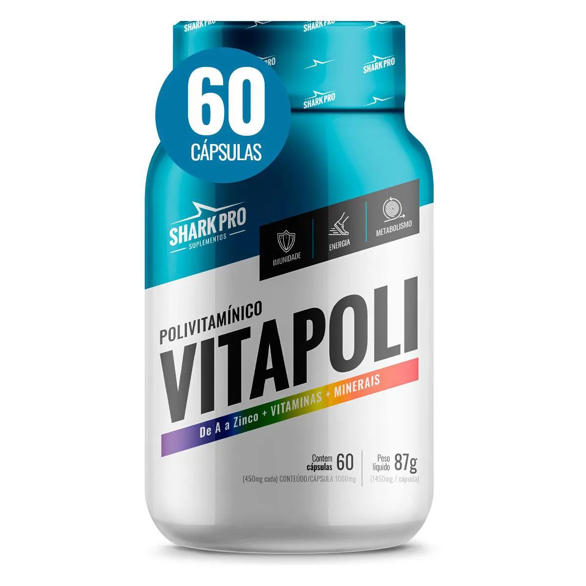 SHARK PRO - VITAPOLI - 60 CáPSULAS DE VITAMINAS E MINERAIS PARA IMUNIDADE + ENERGIA E VITALIDADE