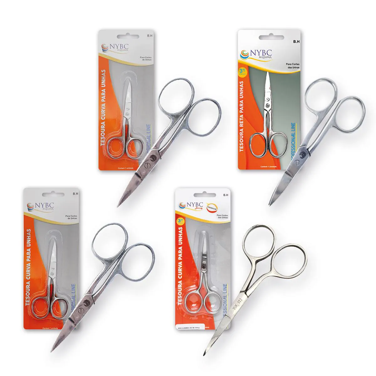 KIT 3 TESOURAS PARA UNHAS RETAS + TESOURA CURVA NYBC