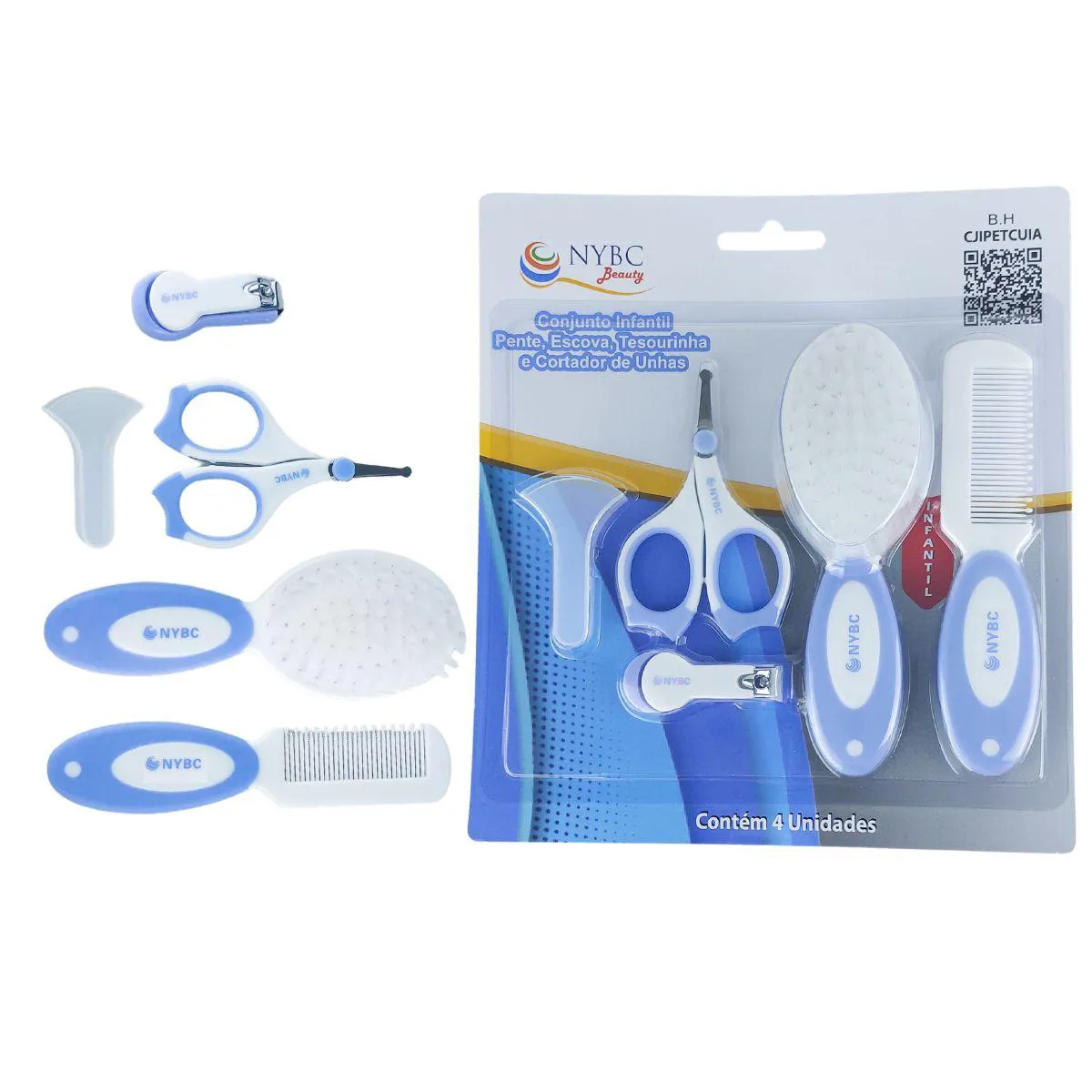 KIT PENTE, ESCOVA, TESOURA, CORTADOR DE UNHAS BABY AZUL NYBC